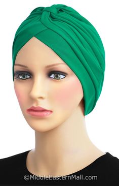 New and Improved* Super soft stretchy 95% Cotton/5% Spandex Fabric Opaque (not see through) Custom made Khatib brand sold exclusively at MiddleEasternMall.com Super easy and comfortable to wear! The Khatib Cotton Classic Turban head wrap is roomy due to the 1/2" pleats. The body of the Turban expands 2+ inches because of the pleats. The 95% cotton/5% spandex fabric is a high-quality medium weight material. Just like the beanie hijab caps, the classic turban head wrap is closed in the back. Easy Casual Adjustable Solid Color Turban, Green Turban For Summer (one Size Fits Most), Casual Green One Size Headscarf, Casual Green Headscarf, Chemo Beanies, Cover Hair, Hijab Caps, Chemo Caps, Turban Headwrap