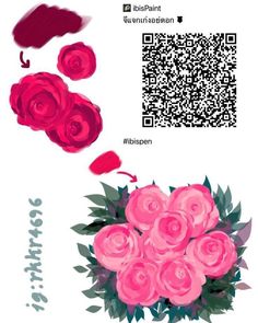 a bunch of pink roses next to a qr code with the word love on it