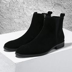 Men's Warm Fur Winter Zip Cow Suede Leather Pointed Toe Chelsea Style Formal Ankle Boots  -  GeraldBlack.com Winter Black Chelsea Boots With Suede Lining, Winter Chelsea Boots With Suede Lining And Round Toe, Black Suede Business Boots, Black Suede Boots For Business, Suede Ankle Martin Boots For Winter, Winter Ankle Martin Boots In Suede, Suede High-top Boots For Business, Business Ankle-high Suede Boots, High Ankle Suede Chelsea Boots For Fall