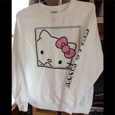 Hello Kitty Sweater Brand New Size Large White Long Sleeve Top With Cat Design, White Cat Design Tops For Streetwear, White Cat Design Top For Streetwear, White Kawaii Top With Cat Design, White Hello Kitty Trendy Tops, White Trendy Hello Kitty Tops, White Hello Kitty Print Top For Streetwear, White Kawaii Hello Kitty Top, Hello Kitty Sweater