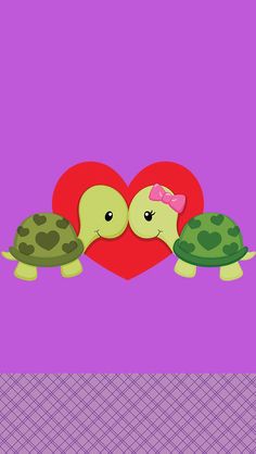 two little turtles kissing in front of a heart