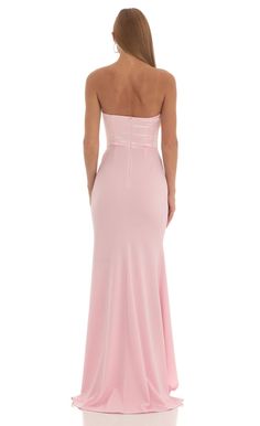 Moravia Satin Corset High Low Crepe Maxi Dress in Pink | LUCY IN THE SKY Los Angeles, Angeles, Light Pink Long Dress, Pink Satin Prom Dress, Light Pink Prom Dress, Hoco Dresses Long, Crepe Maxi Dress, Prom Dress Inspo, Prom Dresses Simple