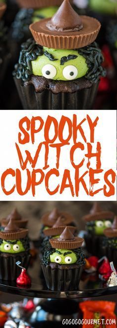 halloween cupcakes with chocolate frosting and spooky witches on top are shown