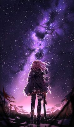 a girl looking up at the stars in the night sky with her back to the camera