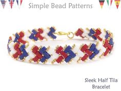 a red, white and blue beaded bracelet with gold clasps on the side