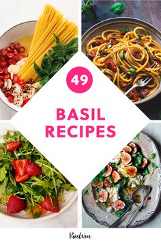 four different pasta dishes with the title saying, 39 basil recipes