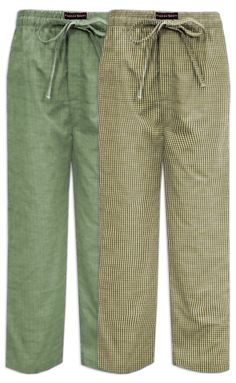 two men's green and brown checkered pajama pants with drawstrings