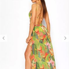 Boohoo Tropicana Cut Out Maxi Beach Dress Size S Beachy Floral Print Sundress For Beach Cover-up, Beachy Floral Sundress For Beach Cover-up, Beachwear Maxi Beach Dress For Summer Parties, Beachwear Style Maxi Length Beach Dress For Summer Parties, Maxi Length Beach Dress For Summer Parties, Beachy Maxi Dress For Summer Vacation, Tropical Printed Sundress For A Day Out, Green Sundress Maxi Dress For Vacation, Tropical Dress With Vibrant Print For Day Out