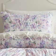 The delightfully dreamy florals in hues of lavender and soft pink make this comforter set a sweet touch to their sleep space. This enchanting bedding is woven from pure cotton for supreme softness, comfort and durability and designed exclusively for Pottery Barn Kids by lifestyle brand LoveShackFancy. DETAILS THAT MATTER Comforter is hand-tufted and made of 100% cotton. Comforter is filled with 250-gram weight, 100% polyester batting. Comforter and shams reverses to a contrast back; quilted sham Pottery Barn Kids Butterfly Bedding, Blue Bed Covers, Cottage Core Home, Lavender Room, House Of Night, Unicorn Bedding, Floral Bedspread, Gold Bed, Floral Comforter