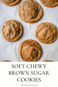 soft chewy brown sugar cookies on a baking sheet with text overlay that reads soft chewy brown sugar cookies