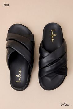 Your summer just got a lot more stylish, and it's all thanks to the trendy vibes of the Lulus Tolleson Black Slide Sandals! Smooth faux leather shapes these must-have sandals that feature an almond-shaped toe bed and a collection of wide, puffy straps that create a crisscrossing vamp. A smooth contoured insole and treaded rubber sole complete the slide-on silhouette. Available in whole sizes only. 1" rubber sole. Smooth insole. Rubber sole has nonskid markings. Man made materials. Imported. Lulus | Tolleson Black Slide Sandals | Rubber Sole. Black Slide Sandals, Black Slides, Almond Shaped, Only 1, Slide Sandals, Apparel Accessories, Rubber Sole, Shoes Sandals, Almond