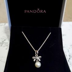 Pandora Necklace, Sterling Silver, Freshwater Pearl, Clear Cubic Zirconia Pandora Custom Necklace, Pandora Pendent Necklace, Pandora Necklace Pearl, Pandora Bow Necklace, Pandora Charm Necklace, Dr Accessories, Pandora Jewelry Necklace, Pandora Jewlery, Jewelry Pandora