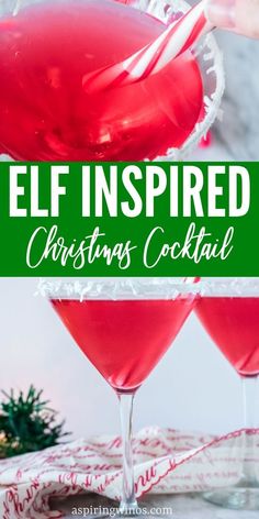 two glasses filled with red christmas cocktail and the words, elf inspired christmas cocktail on top