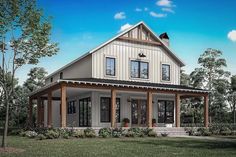 this is a computer rendering of the front elevation of these modern farmhouse houseplans