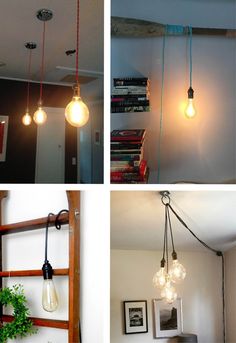 four different types of light bulbs hanging from the ceiling and in between them are bookshelves