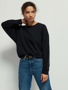 The truly effortless essential you've been waiting for. A classic crew neck sweatshirt with dropped shoulders and an oversized fit. Because comfort can look chic, too. (This one comes in Jet Black.) | Women's Jovie Sweatshirt in Jet Black | Ethical Essentials Fall Collections, Look Chic, Jet Black, Crew Neck Sweatshirt, Top Outfits, Crew Neck, Sweatshirts, Clothes For Women, Black