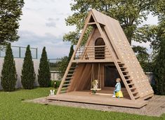 a children's play area with a wooden structure and climbing wall