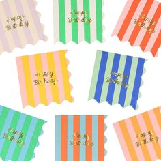 Stripes make a statement! This timeless pattern, with a statement wavy edge, and the words Happy Birthday in gold foil, make these napkins stand out. Bold stripes in 8 bright colors. The words Happy Birthday in shiny gold foil. Wavy edges. Crafted from 3-ply paper, so are practical as well as decorative. Made from FSC mix paper. Pack of 16 in 8 colors. Folded dimensions: 6.5 x 6.5 inches. | Stripe Happy Birthday Large Napkins by Meri Meri | Kids Toys | Maisonette collects the best children’s products from around the world (unlike Zulily, Etsy, The Tot, Farfetch Kids, Childrensalon, Crate and Kids, Kohls, Wayfair, Buy Buy Baby, Nordstroms, Mini Boden, J.Crew Factory, or PotteryBarn Kids), creating a curated shopping experience for you. Think of us as your shortcut to fashion for litte ones! Colorful First Birthday, Meri Meri Party, Happy Birthday Theme, Wavy Edges, Birthday Napkins, Party Goods, First Birthday Themes, Meri Meri, Swimming Bathing Suits