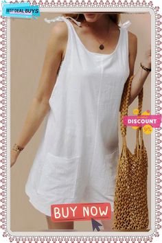 Pockets Sleeveless Casual Linen Romper Sleeveless Cotton Vest For Summer, Casual Sleeveless Beach Vest, White Casual Sleeveless Vest, White Sleeveless Top With Pockets, White Sleeveless Summer Vest, Casual Solid Color Tank Top, Sleeveless Cotton Vest For Beach, Casual Summer Tank Top With Pockets, Sleeveless Cotton Beach Vest