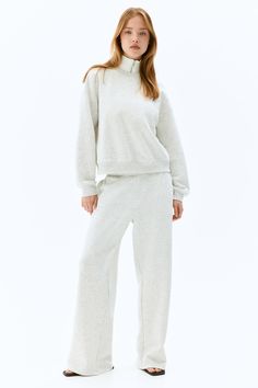 2-piece Sweatsuit - Regular waist - Round Neck - Light gray melange - Ladies | H&M US Light Gray, Round Neckline, Light Grey, H&m, Round Neck, Straight Leg, Sweatpants, Elastic, Sweatshirts