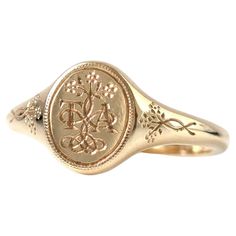 Crafted in 9ct and 18ct gold, the Forget-Me-Not Signet ring is a timeless symbol of love and remembrance. Inspired by Victorian sentimental jewelry, this ring features two letters of your choice, intertwined with delicate Forget-Me-Not flowers, a cherished symbol of enduring affection. The floral design extends down the shank, adding a touch of elegance and sentimentality. At Mayveda, we believe in creating modern heirlooms that tell your story. The Forget-Me-Not Signet is a romantic piece, designed to keep the memory of a loved one close, while also reflecting your personal connection through the engraved letters. The inside of the ring bears the inscription "I love in earnest,” a nod to Victorian devotion, which can be personalized with your own message, making this piece uniquely yours. Small Gold Signet Ring, Initial Engraved Ring, Vintage Wedding Rings Mens, Signet Ring Antique, Victorian Signet Ring, Heirloom Rings Vintage, Vintage Signet Ring, Victorian Rings Engagement, Forget Me Not Jewelry