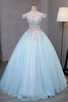 Sky Blue Tulle Princess Off Shoulder Long Prom Dress Quinceanera Dressses with Flowers - Prom Dresses Kebaya Wedding, Ball Gown Prom Dresses, Gown Prom Dresses, Sweet 15 Dresses, Formal Prom Dresses Long, Blue Tulle, Cute Prom Dresses, Blue Gown