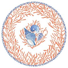 an orange and blue plate with two fish in the middle of corals on it