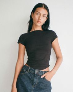 Black Jersey Tee | Jojes – motelrocks-com-us Parallel Jeans, Skirt Model, Black Jersey, Capped Sleeves, Tee Outfit, Jersey Tee, Textured Fabric, Lace Tops, A Line Skirt