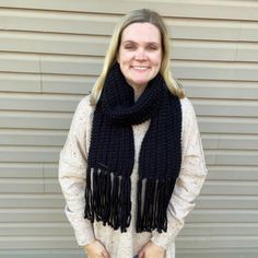 Wrap this scarf around your neck on a cold day and it will keep you nice and warm!  This is a chunky knit scarf in black.  This scarf is over 60 inches long (with fringe) and it would even be a great gift! Made of soft, high quality super bulky yarn that you can wear year after year and it will still look the same as you when you got it. You can choose if you want it to have fringe (tassels) or not. We also accept custom orders! Casual Winter Scarves In Wool, Chunky Knit Acrylic Scarf For Winter, Warm Casual Scarf In Acrylic Yarn, Chunky Knit Acrylic Winter Scarf, Cozy Crochet Scarves For Cold Weather, Warm Casual Acrylic Yarn Scarf, Casual Acrylic Yarn Scarf, Knitted Acrylic Scarves For Cold Weather, Winter Knitted Acrylic Scarves