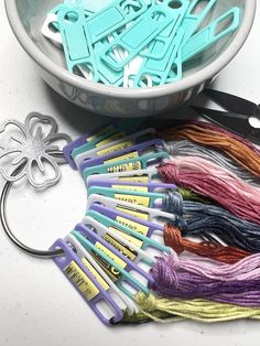 several skeins of yarn are next to scissors and thread in a bowl on a table