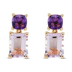 These stunning drop earrings showcase two gorgeous hues of amethyst set in chic 10K rose gold. A cushion-cut amethyst shines above an emerald-cut light amethyst for an unforgettable design. The earrings secure with friction backs. Amethyst Set, Fashion Design Patterns, Family Jewels, Light Amethyst, Amethyst Gem, Amethyst Color, Amethyst Jewelry, Purple Stones, Emerald Stone