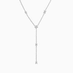 A sight to behold, this Five-Stone Diamond Necklace draws inspiration from the splendour of old-world elegance. Each ethical diamond is adorned with utmost care and attention by Ecksand's team of highly skilled craftspeople for a mesmerizing result that stays true to its promise to last forever. Accent diamonds: 1.00+ ctw, VS2+/F+ Chain length: 16 / 18 in. Drop section: 2 in. Chain width: 1.3 mm approx. Chain type: Diamond-cut trace chain Closure: Lobster clasp Classic Brilliant Cut Drop Necklace For Formal Occasions, Timeless Platinum Necklaces With Diamond Accents, Platinum Marquise Necklace For Wedding, Timeless Pear-shaped Diamond Necklace For Wedding, Wedding Platinum Marquise Necklace, Pear-shaped Diamond Necklace For Wedding, Classic Formal Drop Necklace With Diamond Cut, Fine Jewelry Marquise Platinum Necklace, Marquise Diamond Necklace With 17 Jewels