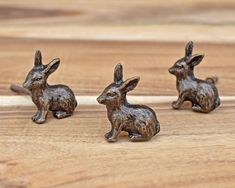 three small bronze rabbits sitting on top of a wooden table next to each other and one is facing the opposite direction