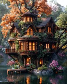 a tree house in the middle of a lake surrounded by trees and flowers with lights on