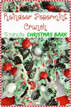 reindeer peppermint crunch christmas bark recipe on a red and white checkered plate