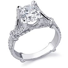 a white gold engagement ring with diamonds on the sides and an intricate band around it