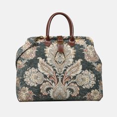 Baroque Garden Grey Carpet Handbag Purse – MCW CARPETBAGS Elegant Tote Travel Bag, Travel Bag With Rolled Handles, Travel Handheld Bag With Rolled Handles, Handheld Travel Bag With Rolled Handles, Vintage Travel Bag With Round Handle, Elegant Satchel Weekender Bag, Elegant Tapestry Bags For Everyday Use, Elegant Tapestry Bags With Detachable Handle, Elegant Tapestry Shoulder Bag With Leather Handles