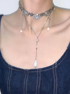 Retro Buttons Pearl Layered Choker Necklace | Jewelry | Three Fleas Retro Adjustable Choker Jewelry, Retro Adjustable Choker Necklace, Vintage Pearl Charm Choker Jewelry, Vintage Adjustable Pearl Choker, Vintage Pearl Charm Choker, Thigh Chain, Layered Choker Necklace, Layered Chokers, Y2k Style