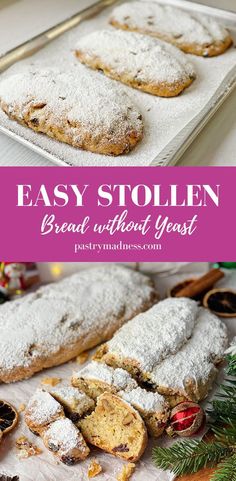 easy stolen bread without yeast bread on a baking sheet with christmas decorations in the background