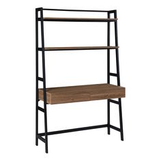 a wooden shelf with black metal frame and drawers