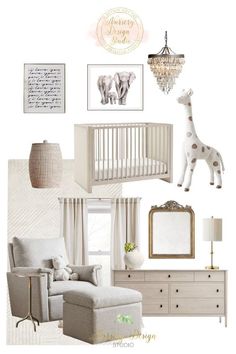 a baby's nursery room with white furniture and pink accents, including a giraffe