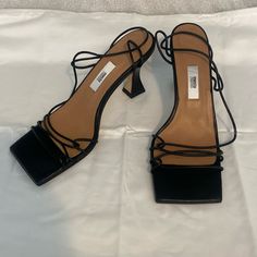 Brand New Miista London Black Leather Square To Strappy Sandal High Heels. Eur Size 38 Black Sandals With Pointed Toe And Strap, Black Strap Heels With Round Toe, Black Pointed Toe Heels With Strap, Party Sandals With Strap And Square Toe, Black Strap Heels For Evening, Square Toe Sandals With Heel Strap For Night Out, Square Toe Sandals With Strap For Evening, Black Pointed Toe Evening Sandals, Evening Sandals With Reinforced Heel And Medium Width