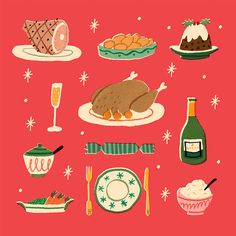 an illustration of food and drinks on a red background with snowflakes around it