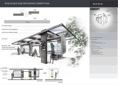 an architectural rendering of a bus stop with people standing outside and looking at the building