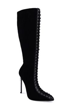 A lace-up design adds a fierce aesthetic to a pointy-toe boot shaped in a knee-high silhouette and elevated by a sky-high metallic heel. 5" heel 14" shaft; 14" calf circumference Lace-up style; side zip closure Water resistant Leather upper and lining/synthetic sole Made in Italy Fierce Aesthetic, Pointy Toe Boots, Metallic Heels, Walker Shoes, Designer Clothes For Men, Modern Outfits, Sky High, Toddler Girl Outfits, Autumn Fashion Women