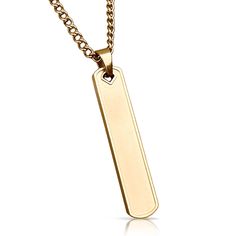 "Our bar pendant is simple, stylish and durable. HIGH QUALITY - Brushed 316L grade stainless steel pendant and polished chain necklace that are 14K gold plated. TARNISH RESISTANT - It will not rust or turn colors from excessive sweating, showering or swimming. DURABLE - Our pendants and necklaces are crafted with athletes in mind and are made made to last. Includes an ELITE ATHLETIC GEAR branded velvet pouch for storage or easy gifting. Pendant Size: Height: 42MM Width: 9MM Depth: 2MM Chain Size Excessive Sweating, Athletic Gear, Pendant With Chain, Bar Pendant, Stainless Steel Pendant, Stainless Steel Necklace, Custom Engraving, Jewelry Necklace Pendant, Rust