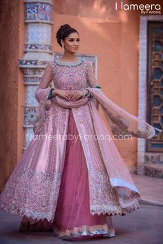 Pakistani designer party dresses with eye catching designs – Nameera by Farooq Pink Bridal Dresses, Pishwas Pakistani, Gown Pakistani, Shaadi Aesthetic, Pakistani Gown, Nameera By Farooq, Valima Bride, Dress Sharara, Elegant Bridal Dress