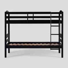 a black bunk bed with wooden slats