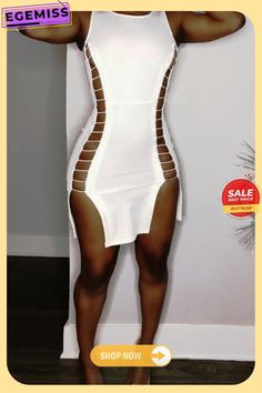 White Sexy Cut-out Dress White Hollow Out Mini Dress For Night Out, White Bandage Dress For Club, White Backless Club Dress, White Hollow Out Dress For Night Out, White Bodycon Bandage Dress For Night Out, White Hollow-out Dress For Night Out, White Stretch Dress With Hollow Out Details, Knee-length Bandage Mini Dress For Night Out, White Backless Bodycon Dress For Night Out