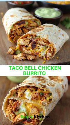 chicken burrito cut in half and stacked on top of each other with the words taco bell chicken burrito